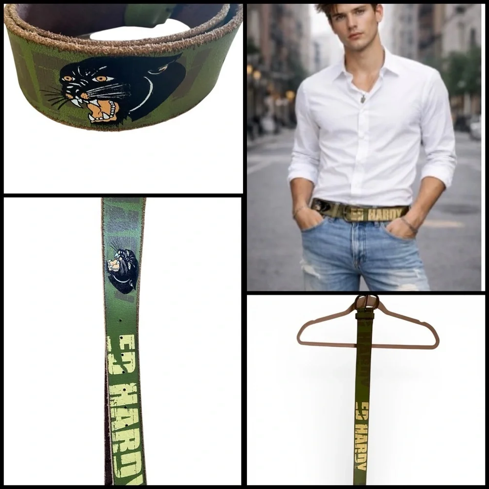 Vintage Ed Hardy Y2K Green Yellow Graphic Edgy Distressed Leather Panther Belt